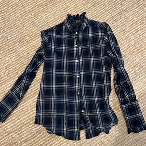 Nili Loton linen plaid ruffle blouse. Size small. Small rip on sleeve.